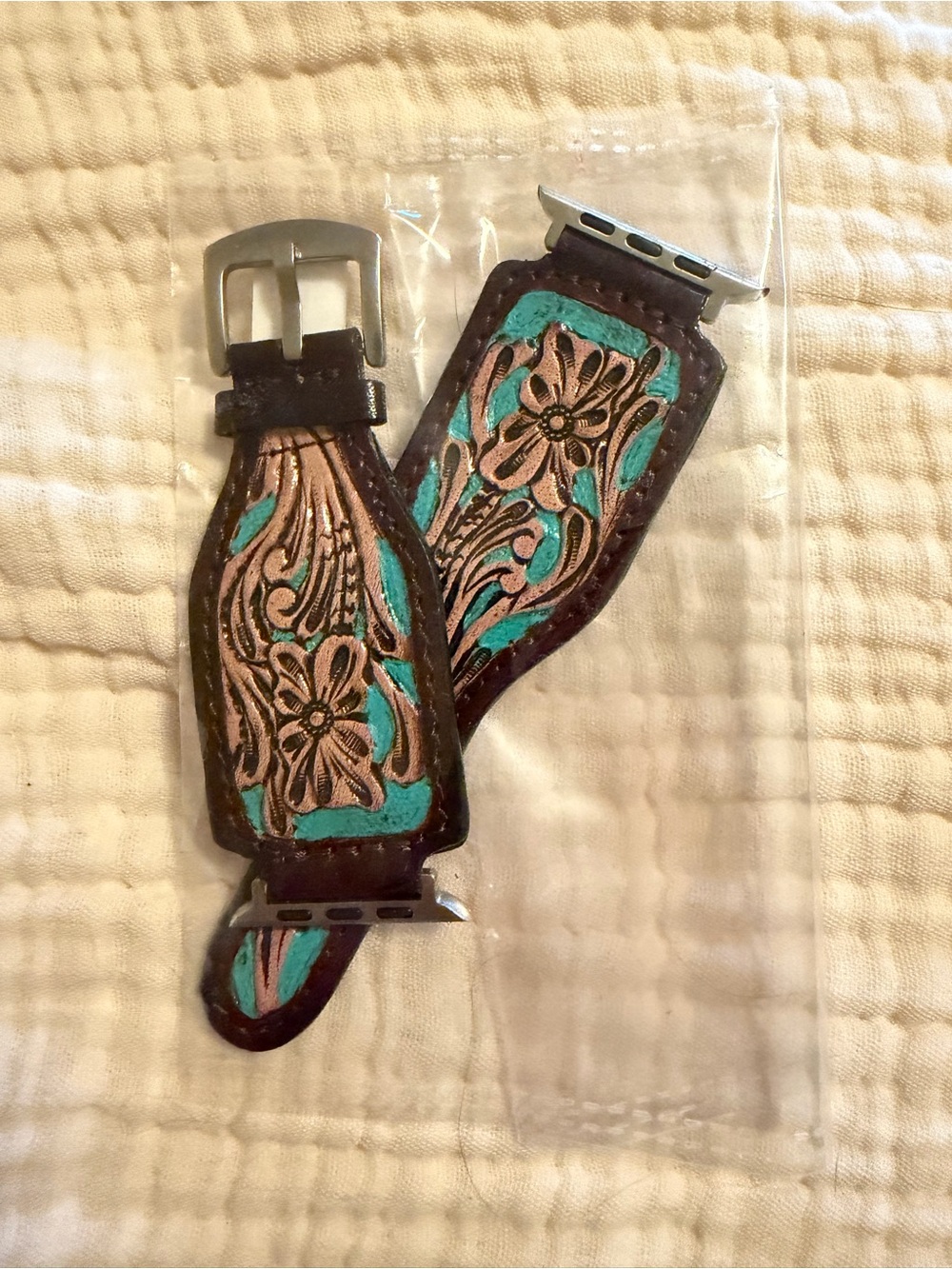 Turquoise and Brown Tooled Leather Apple Watch Band